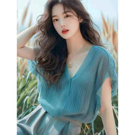 法式高级感夏季新款上衣宽松显瘦打底衫女时尚气质v领蓝色短袖T恤