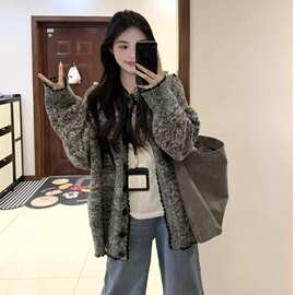 灰色长袖针织衫毛衣开衫外套女秋季韩系宽松简约百搭休闲上衣