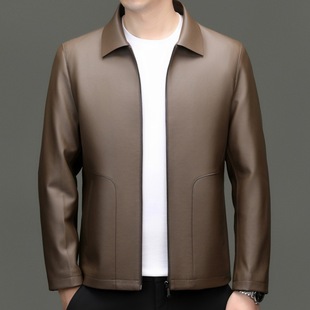 Haining Leather Jacket Men's Spring and Autumn Business Casual fleece-lined Leather Jacket for Middle-aged Dad Leather Jacket Lapel Top