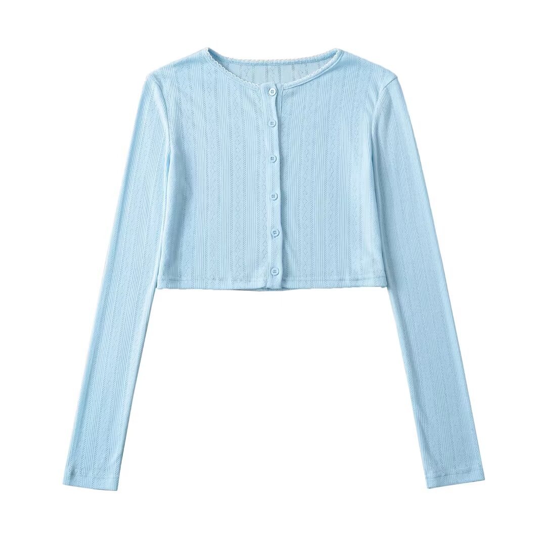 European and American-style summer thin jacket with buttons, featuring a crew neck, long sleeves, a short design, UV protection, air-conditioning comfort, and a slimming fashion look.