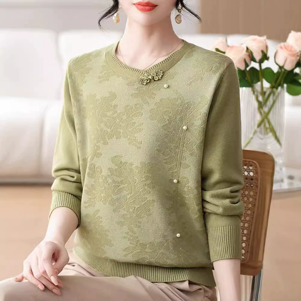 Новая винтажная трикотажная блузка в китайском стиле для женщин среднего и старшего возраста, осенняя коллекция 2025 года, стильный топ, базовая рубашка.