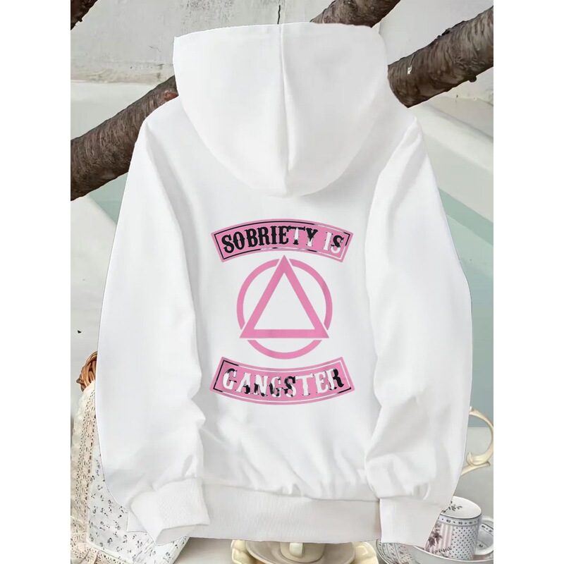 【European Size】Staying Sane Is the Trend: White Hoodie with Pink Triangle Symbol - Fashionable Long Sleeve