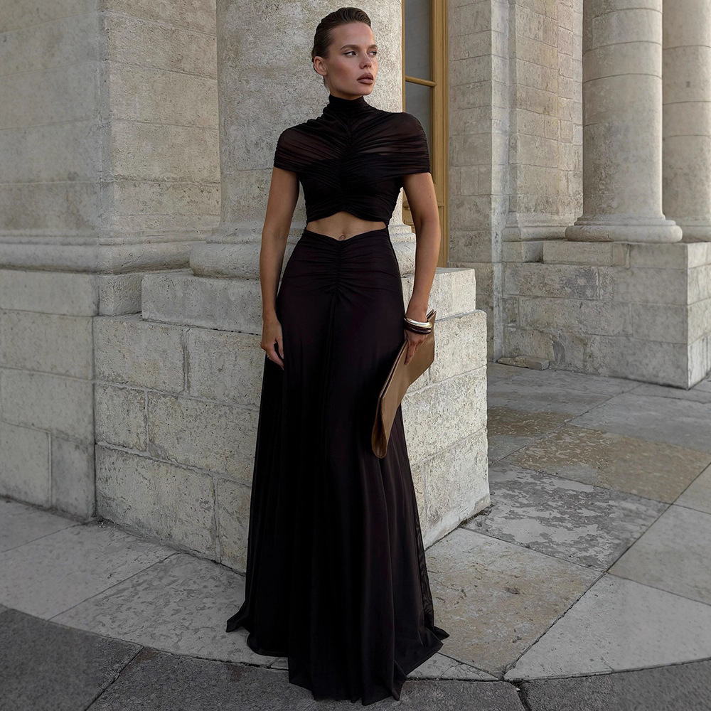 Women's Sexy Hollow Out Short Sleeve Mock Neck Ruched High Waist Floor Length Maxi Dress – Trendy Club Gown_ecoleips.com