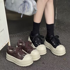 欧货真皮皮带扣厚底增高板鞋女2025秋季新款圆头系带休闲鞋松糕鞋