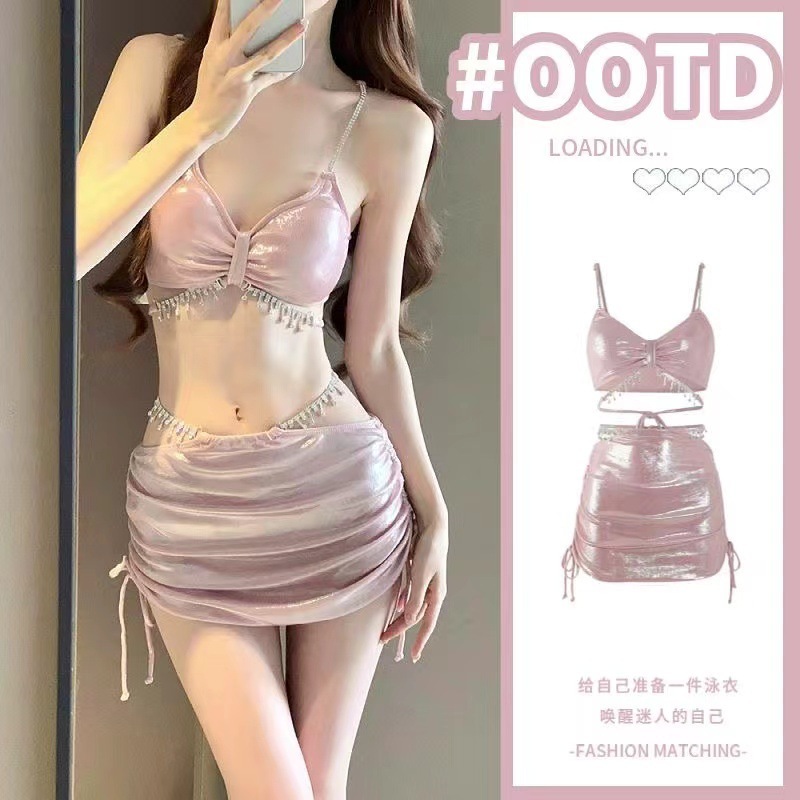 2025 New Bikini Swimsuit Female Sexy Three-Piece Set Rhinestone High-End Split Seaside Resort Hot Spring Swimsuit