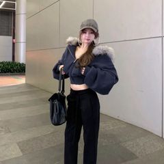 藏蓝毛领短款拉链连帽卫衣秋冬季设计感衣开衫外套女