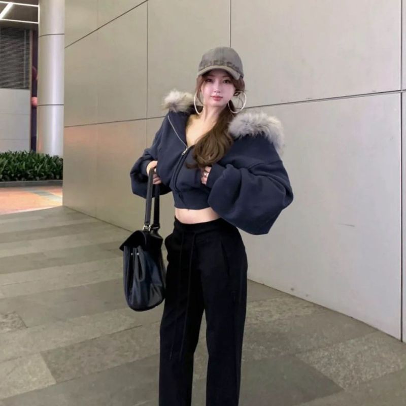 藏蓝毛领短款拉链连帽卫衣秋冬季设计感衣开衫外套女|undefined