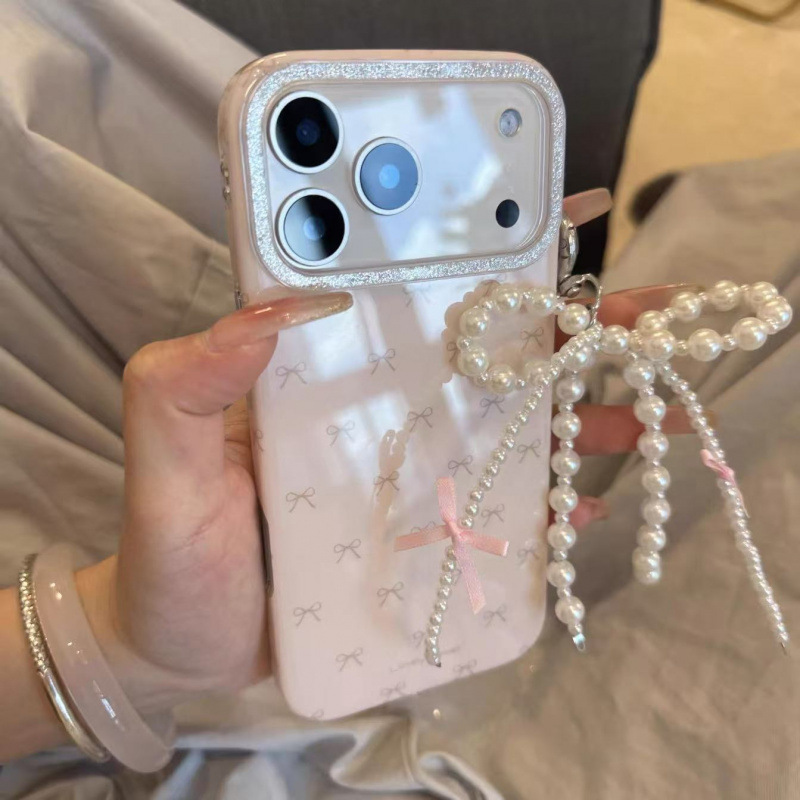 韩系温柔粉色蝴蝶结珍珠链条适用iPhone17promax苹果16手机壳15潮|undefined