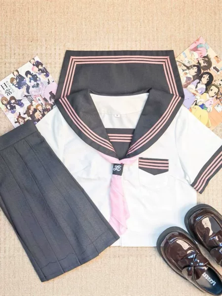 Authentic gray and pink three-piece basic sailor uniform short-sleeve summer JK uniform dress, college style school-supplied navy collar set