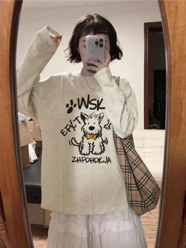 美式长袖t恤女春秋新款宽松慵懒风小众设计感打底衫上衣|undefined