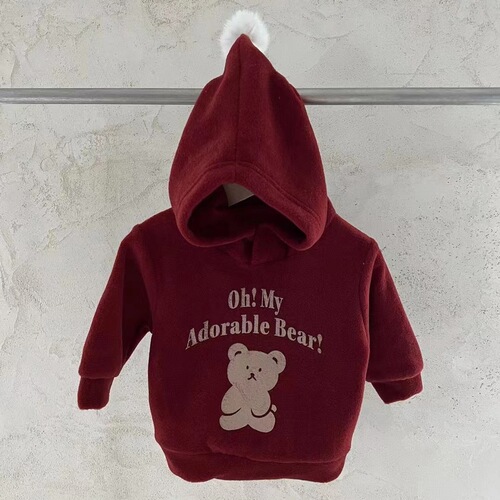 ins Korean style infant red velvet pointy hat Christmas and New Year clothes for boys and girls cute bear hooded sweatshirt