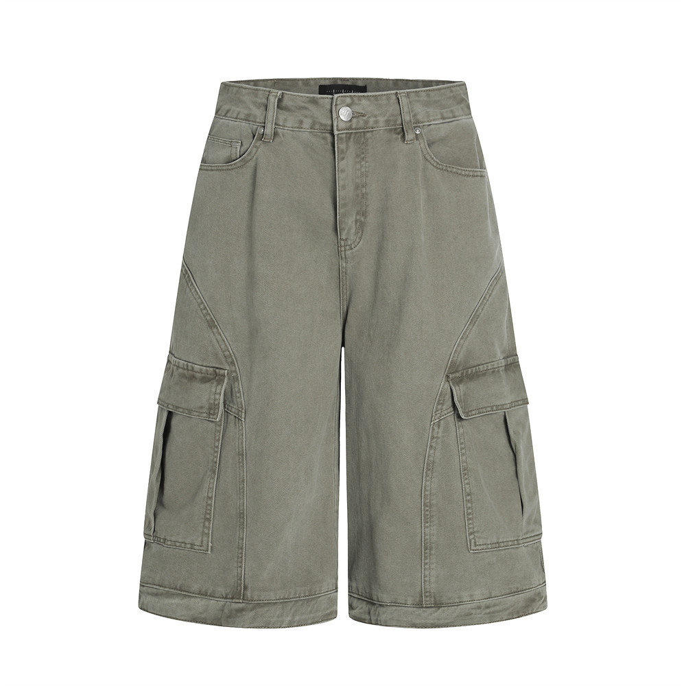 Punk Old Wash Tooling Pants Men's Street Trendy Split Deconstructed Large Pocket Design Wide Leg Straight Shorts