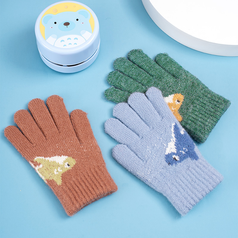 Children's Gloves Autumn and Winter New Boys' Finger Cover Warm Thickened Baby Girls' Wool Knitted Five-Finger Gloves