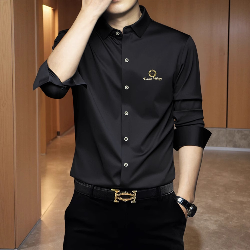 French high-end brand men's white slim-fit long-sleeved shirt, new spring style, high elasticity, wrinkle-resistant, casual embroidered shirt.