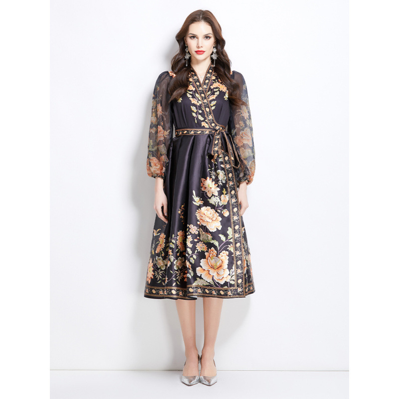 2025 Spring New V Neck Ethnic Style Printed Satin Wrap Long Dress