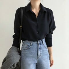 2024春秋シャツ女性長袖春デザイン感小衆黒上着港味レトロ気質マスクシャツ