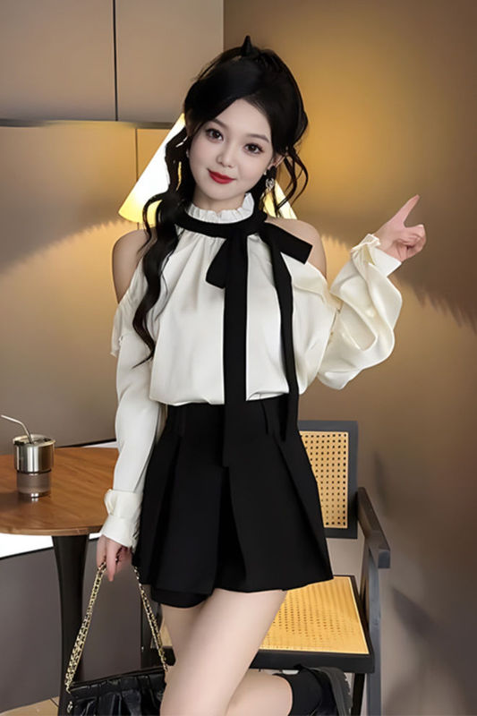 French Bow Design Off-Shoulder Long-Sleeved Shirt Black Skirt Two-Piece Set for Women Spring Outfit with a Complete Set