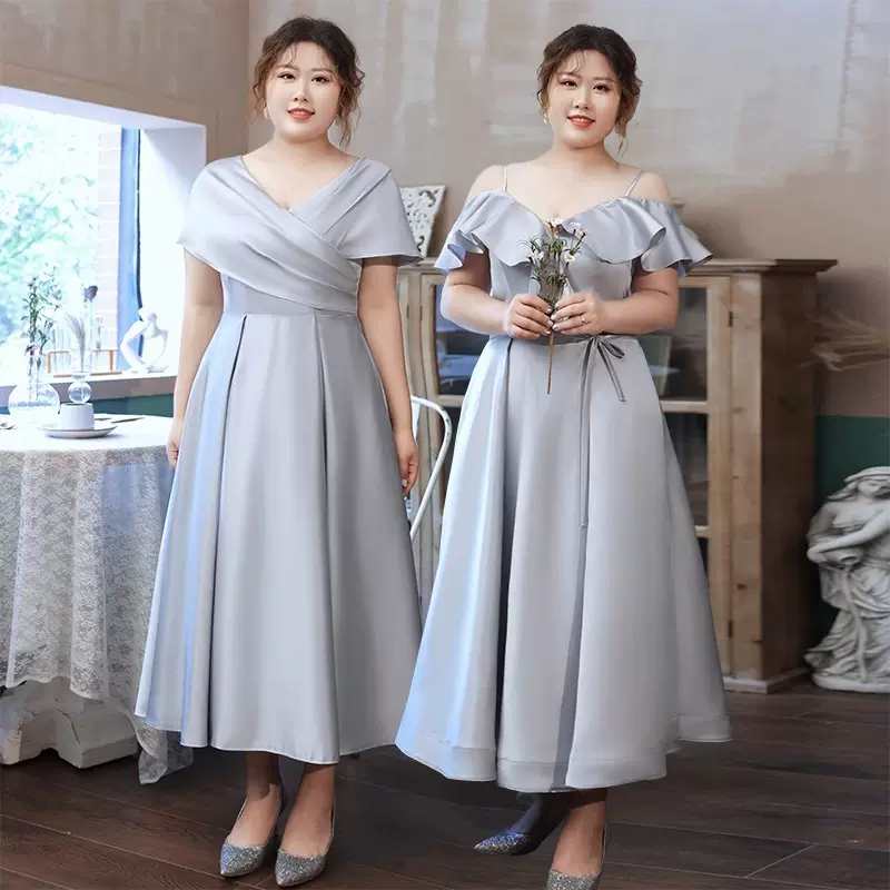 婚礼伴娘服女灰色高级感简约小众缎面仙气平时可穿姐妹团伴娘礼服