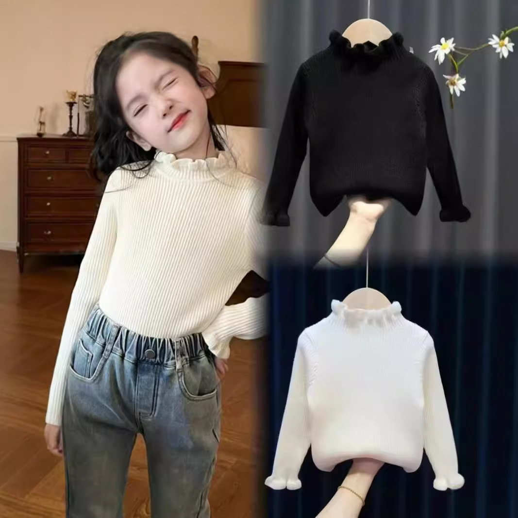 儿童秋冬新款上衣百搭打底衫女童半高领加绒洋气毛衣加厚白色童装