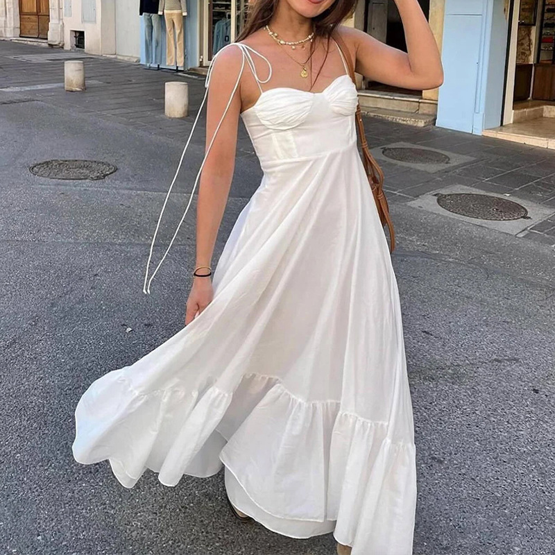 Polyester Fabric Type High Waist Waist Line Wholesale Women's Casual Elegant Streetwear Backless Solid Color Holiday Daily Selfie Strap Sleeveless Swing Dress