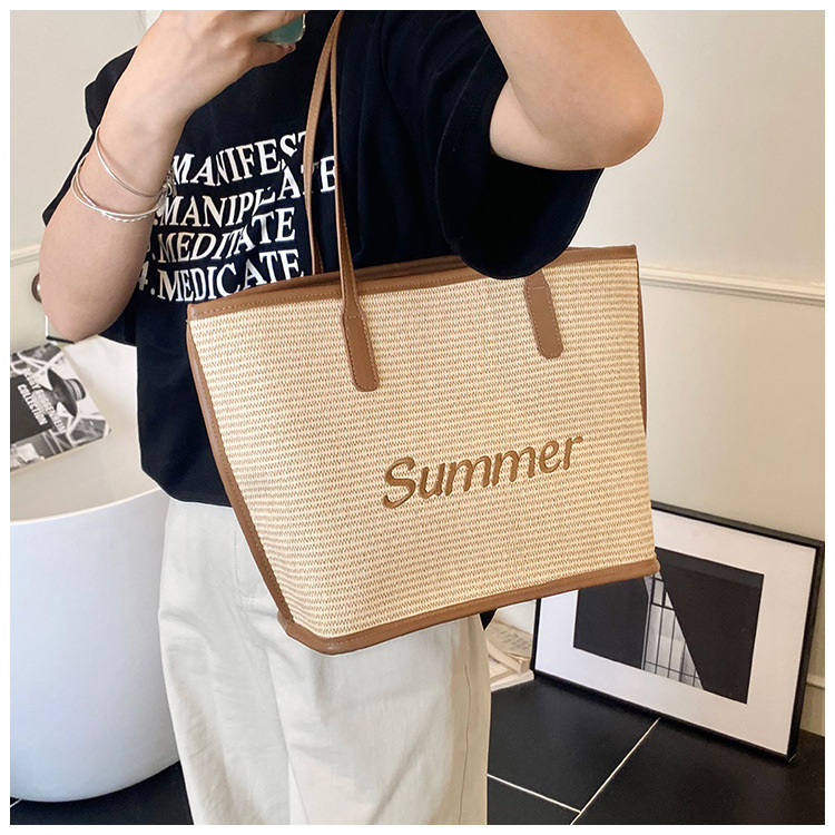 Straw woven letter large-capacity bag 2025 single-shoulder large bag for women, new beach woven summer Korean-style tote bag undefined