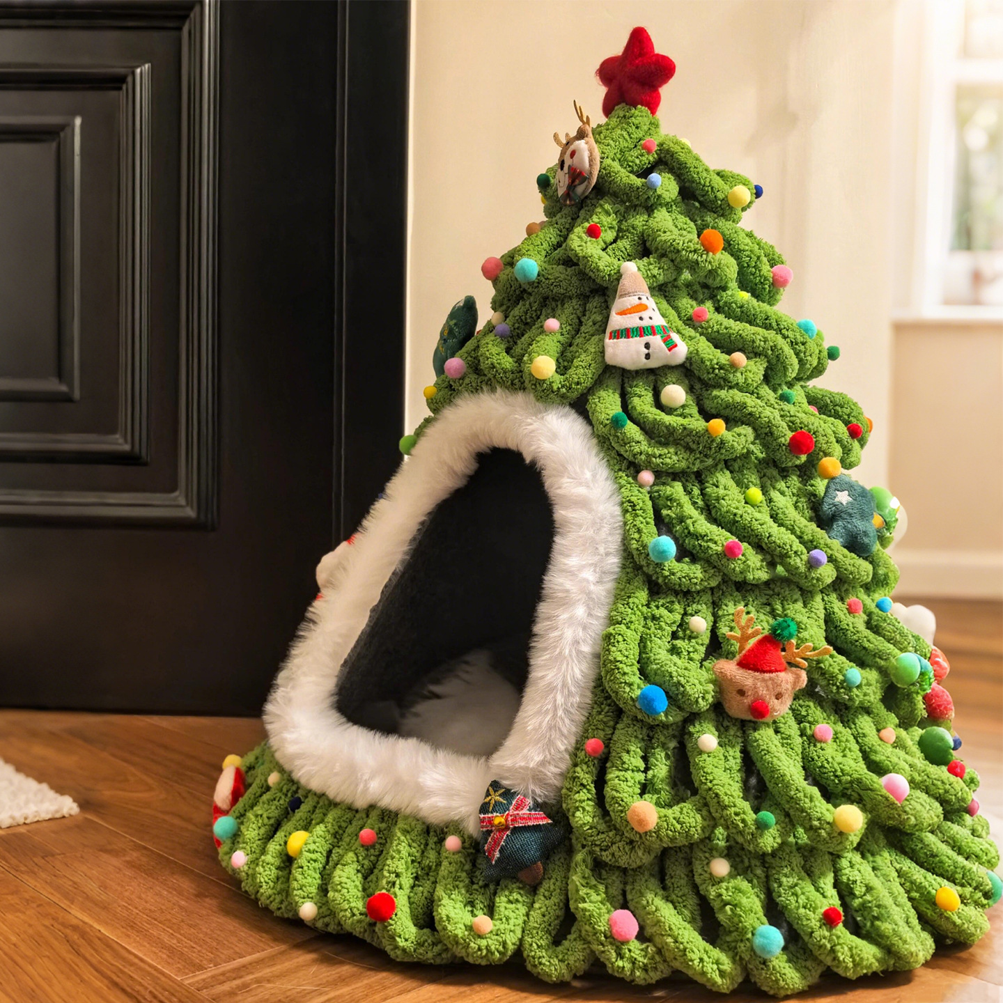Hand Woven Finished Christmas Tree Cat Bed Warm Pet Bed For Winter Enclosed Safe Nest Sleeping Bed For Puppies_voghion.com