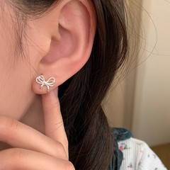 S925纯银双层蝴蝶结耳钉女款小巧精致简约气质端庄优雅少女耳饰品