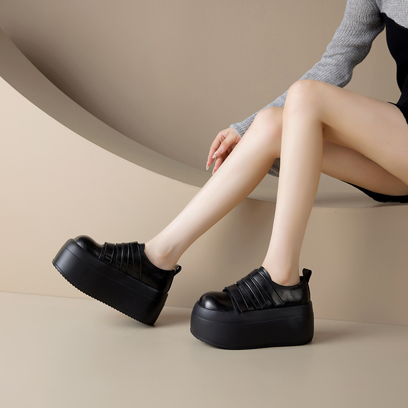 Giày loafer da thật đế xuồng cao 8cm, cổ miệng sâu, khóa Velcro tiện lợi — Màu đen, Màu đỏ