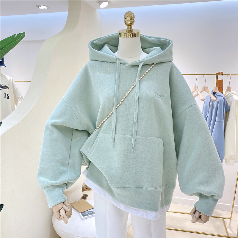 Women's Fleece-lined Thickened 2022 Autumn and Winter New Stitching Fake Two-piece Korean Style Simple Embroidered Loose Hooded Jacket