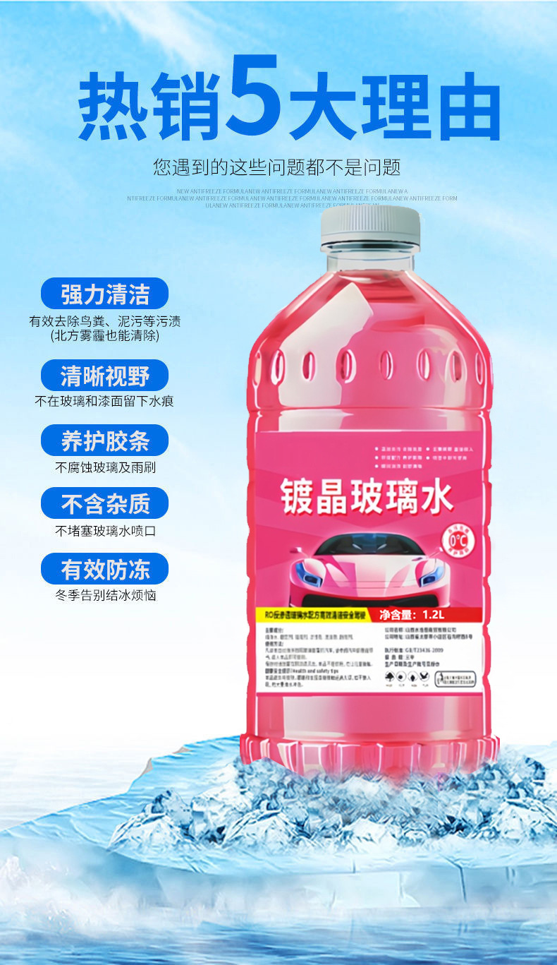 Pink Crystal-Coated Glass Cleaner for Car Windshield, Removes Dirt, Oil Film, Antifreeze, and Insect Residue