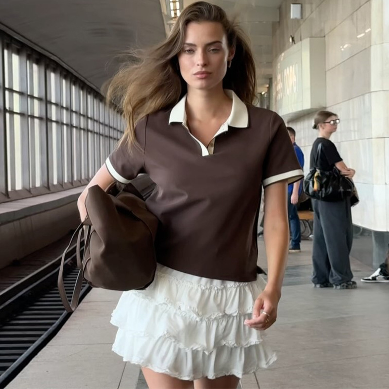 European and American Cross-border Women's 2025 Summer New Design Sense Niche Slim-fit Contrast Polo Shirt Short-sleeved T-shirt Top