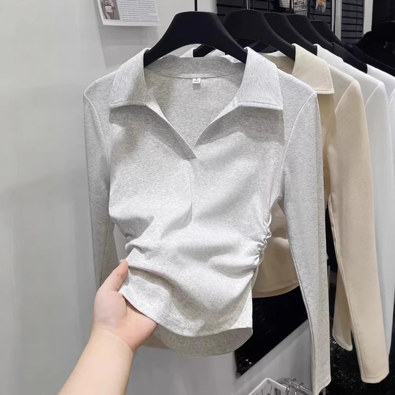 2025早秋正肩polo领长袖t恤衫女设计感褶皱收腰显瘦百搭打底上衣|undefined