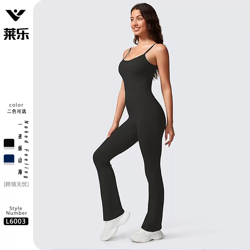 欧美运动健身连体服收腹提臀裤阔腿瑜伽喇叭裤女连体衣马蹄裤跨境