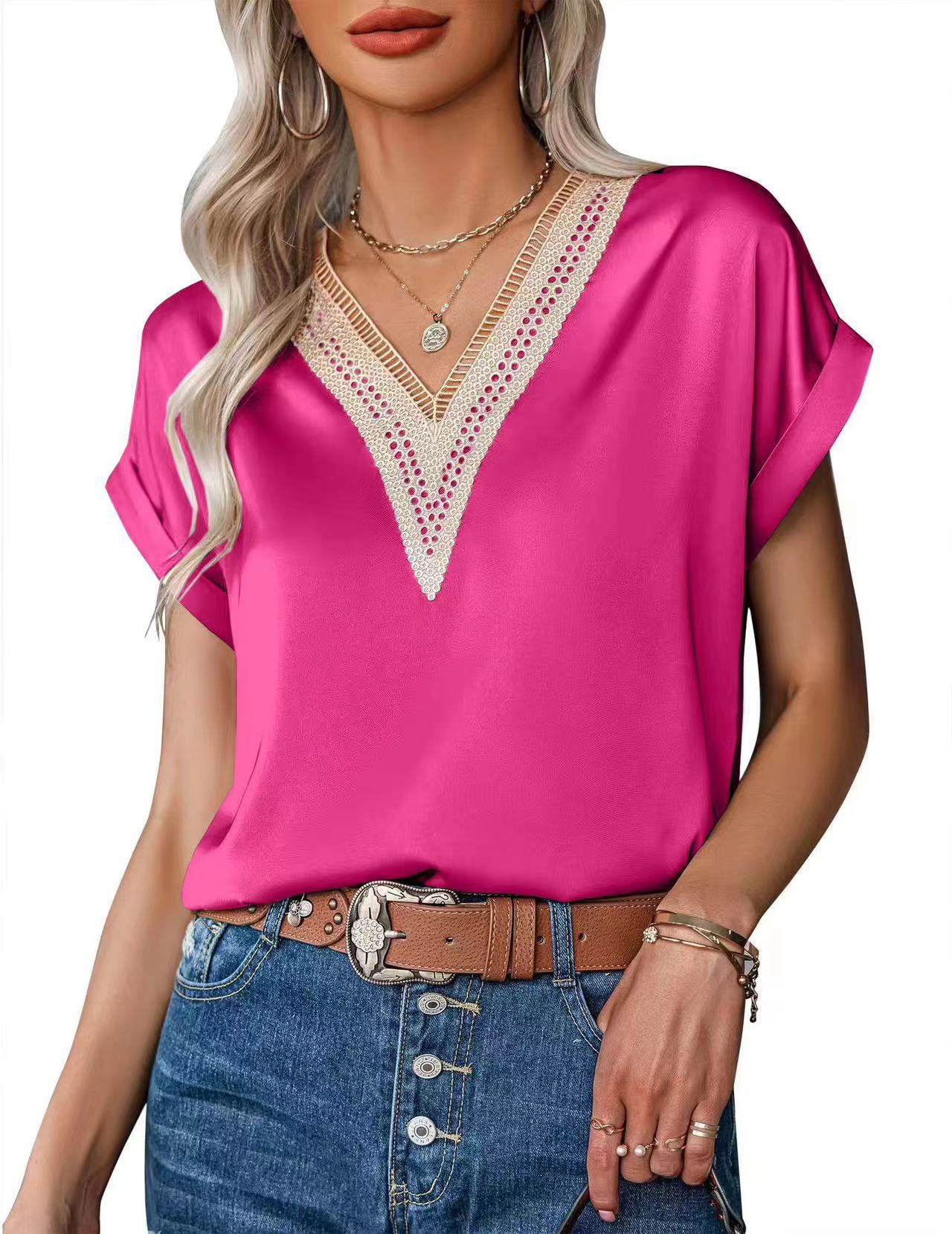Nueva camiseta de encaje con cuello en v Camiseta de manga corta suelta de satén para mujer Estilo de viaje transfronterizo Ropa de mujer de Amazon europea y americana image 12