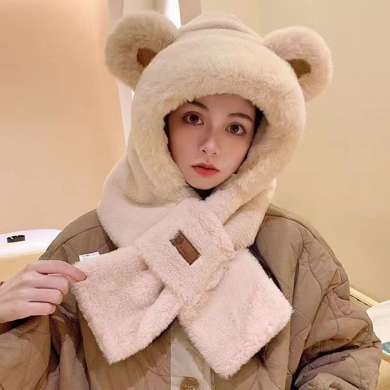 毛绒绒狐狸耳朵帽子女冬季保暖围脖防寒冬天护耳围巾一体帽二件套|undefined