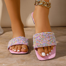 法式方头水钻亮片一字拖鞋女2025年新款时尚休闲平底外穿拖鞋批发