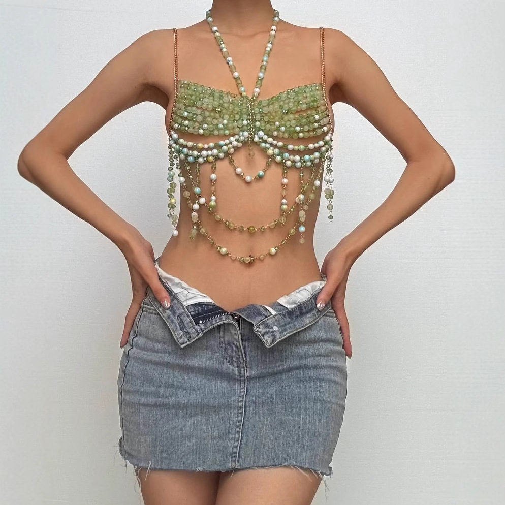 欧美胸衣速卖通身体链辣妹流苏文胸露背挂脖石头串珠抹胸衣25090