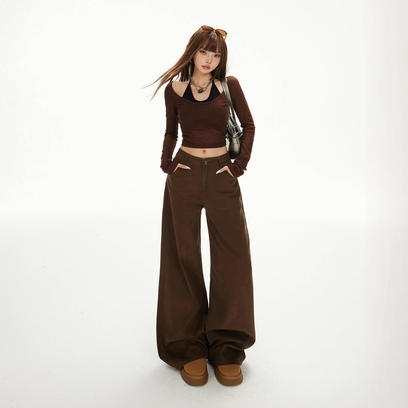 Melard Brown Wide-Leg Jeans for Women 2026 Spring and Autumn New High-Waisted Loose Slimming Drapey Straight-Leg Floor-Length Pants