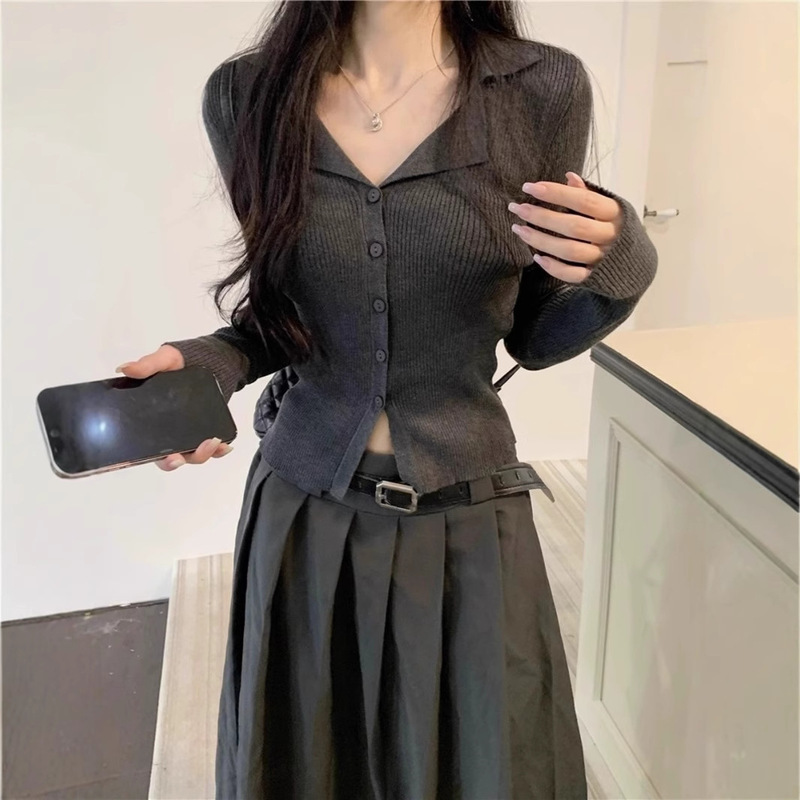 American Sweet and Spicy Polo Lapel Knitted Cardigan Autumn and Winter Slim V Neck Outer Top Chic Bottoming Sweater for Women