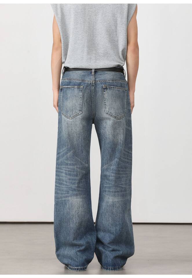 Quần jean nam ống loe nhẹ rách gối phong cách retro, dáng rộng ống suông tôn dáng, quần dài casual — Xanh nhạt, Xanh đậm chi tiết 10