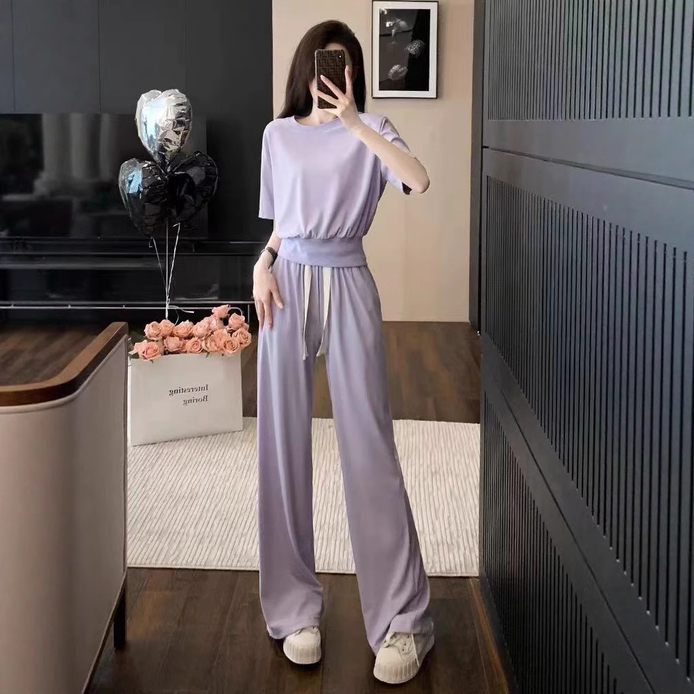 Sports Suit for Women, Summer Outing Outfit, 2025 New Style, Slim-Fit Short-Sleeve Top, Wide-Leg Pants, Fashionable, Lightweight, Elegant