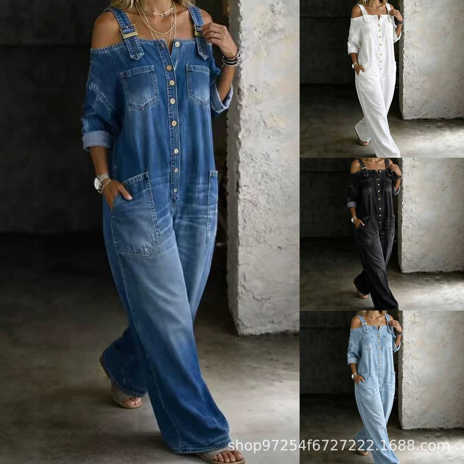 2026 New European and American Cross-border Style Off-Shoulder Faux Denim Jumpsuit Women's Loose Wide-Leg Long-Sleeve Fashionable Casual Overalls