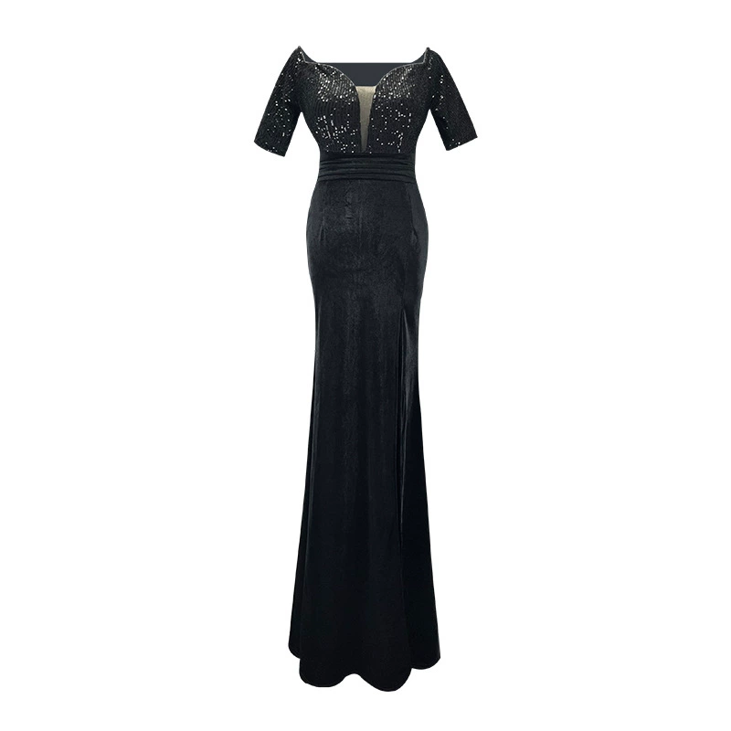 Velvet evening gown, fitted maxi, deep V and high side slit, black or burgundy, S–L