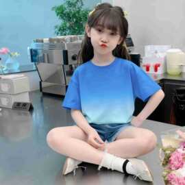 童装渐变纯色女童短袖t恤衫夏季幼儿园宝宝半袖上衣班服批发