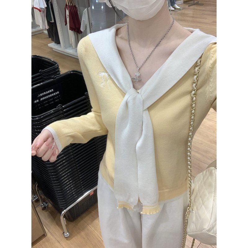 实拍 秋季韩版撞色假两件披肩V领刺绣长袖针织衫女上衣外搭88226|undefined
