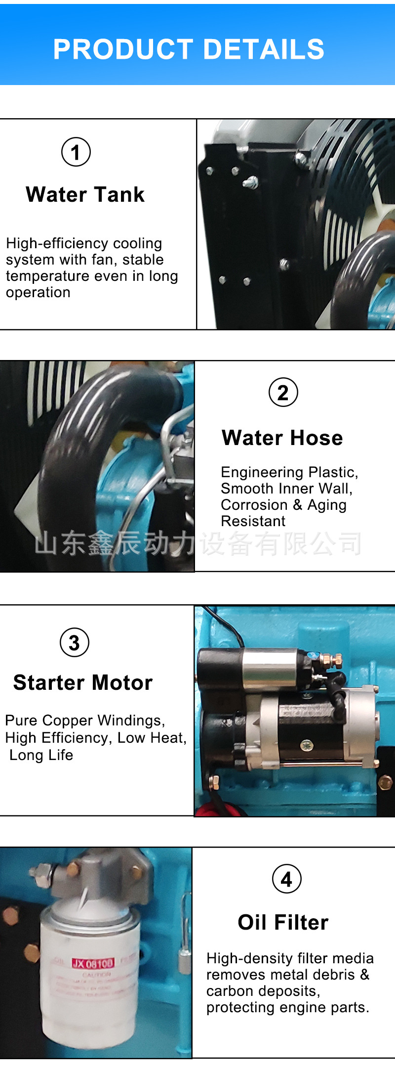 Dual-cylinder water-cooled 2100 diesel engine can be used to power generators, water pumps, crushing and modified vehicles, tractors, and mixing equipment