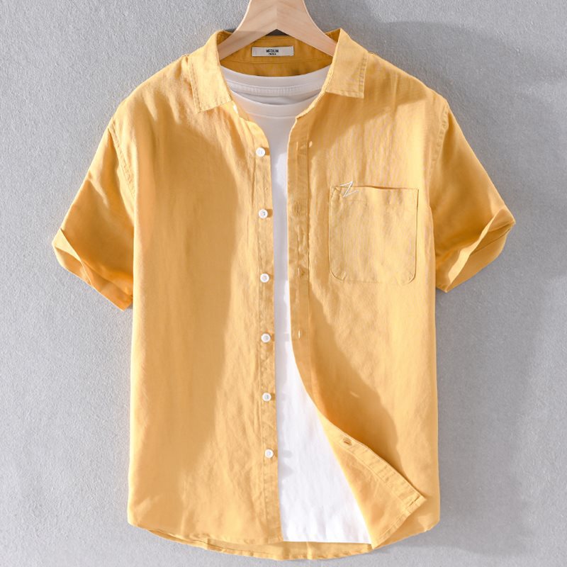 Men's Linen Lapel ShorT-sleeved T-shirT Loose ShirT Collar Top wiTh Collar T CoTTon and Linen T-shirT Linen Summer Dress