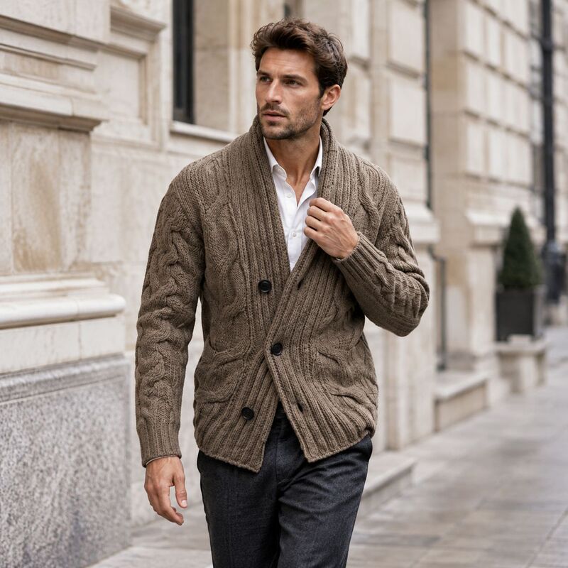 Cross-border autumn and winter European and American men's vintage cable-knit cardigan with wide shawl collar, three-button slim-fit sweater jacket
