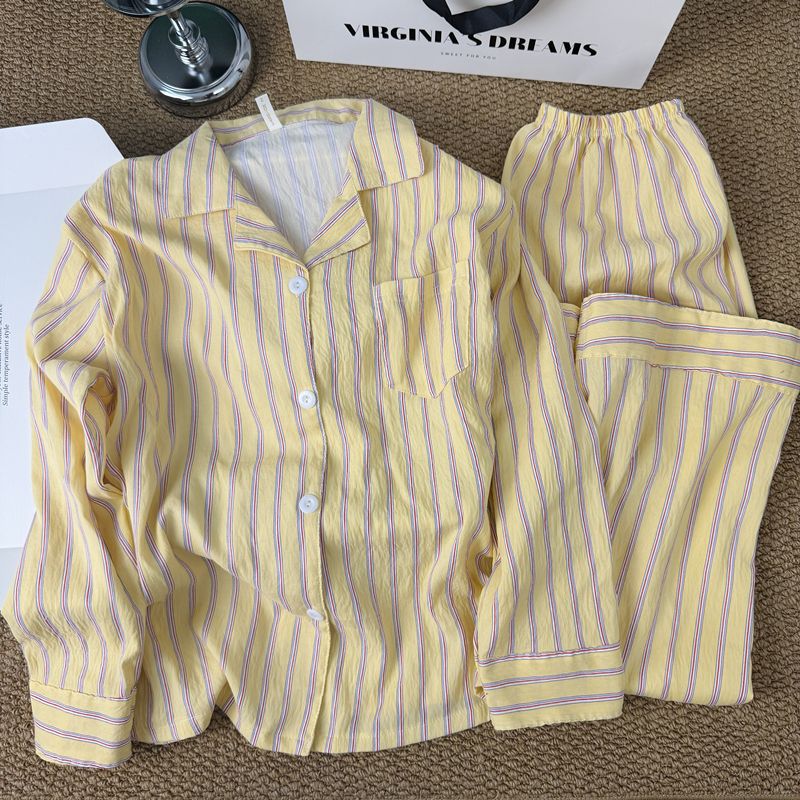 Coreano simple contraste rayas pijamas mujeres 2026 nuevo verano relajado pantalones largos de manga larga ropa para el hogar dos piezas