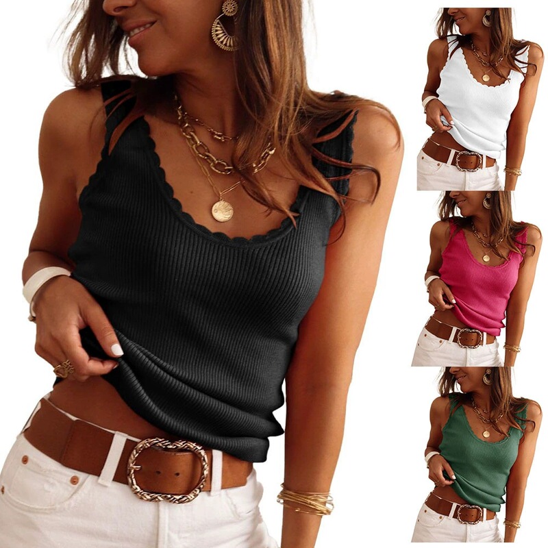Summer 2025 AliExpress Foreign Trade Cross-border European and American U-collar Vest Sleeveless Lace Rib Knitted Sweater Vest Summer 2025 AliExpress Foreign Trade Cross-border European and American U-collar Vest Sleeveless Lace Rib Knitted Sweater Vest
